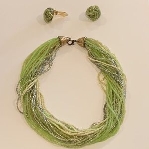 Green Multi Strand Bead Necklace & Earrings